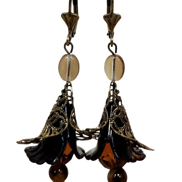 Dark Brown Hand Painted Lucite Flower Earrings, Crystal, Filigree Antique Bronze - Picture 3 of 3